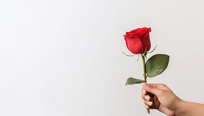 red rose in hand on white background with copy space