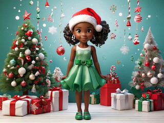 Colorful 3D Christmas with green, red, white and silver with Christmas decorations and gifts in the background Featuring a cute little girl dressed in a Christmas dress with two ponytails and a Santa 