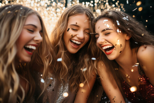 Three teenage friends celebrating New Years Eve. Young women wearing glittery outfits dancing at Christmas party.