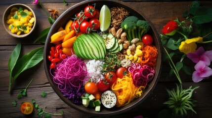 A wooden bowl filled with lots of different vegetables
