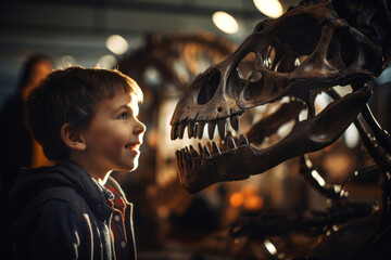 Child looking at the skeleton of an ancient dinosaur in the museum of paleontology. Little boy...