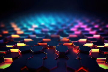 Obraz premium Hexagonal geometric ultra wide background. Abstract colorful of futuristic. Sci fi banner, cover. 3d render illustration. Generative AI.