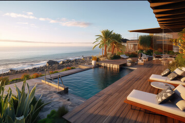 Fototapeta premium Luxury home of minimal modern residence with a swimming pool. Generative AI. 3d render illustration.