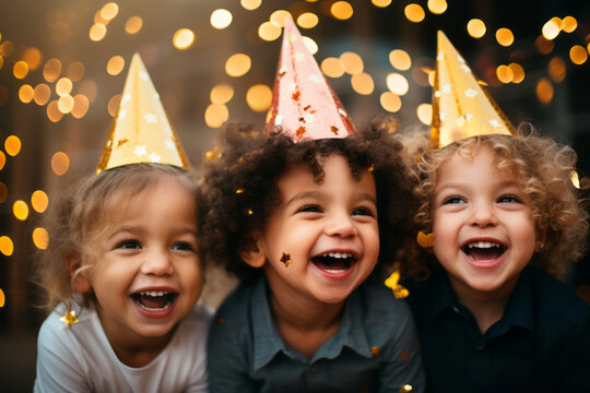 Three cheerful kids friends wearing paper hats celebrating birthday with glittery confetti. Children birthday party. Celebrating New Year with little ones.