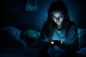 Teenage girl checking her smartphone at night. Teen scrolling through social media on her phone screen. Internet addiction in kids. - obrazy, fototapety, plakaty