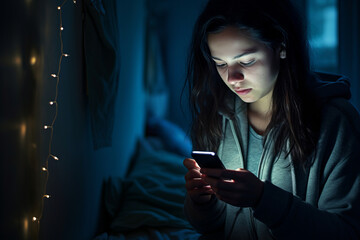 Teenage girl checking her smartphone at night. Teen scrolling through social media on her phone screen. Internet addiction in kids. - obrazy, fototapety, plakaty