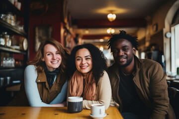 Group of cheerful multiracial friends having fun at coffee shop. Multi-ethnic people having a get together indoors.