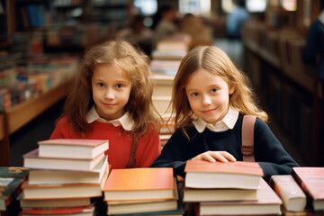 Two school friends choosing books in a bookstore. Young girls looking through books in library.