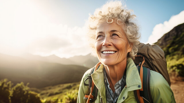 Fototapeta Senior female hiker wearing casual clothes taking a walk in Hawaiian scenery. Adventurous elderly woman with a backpack. Hiking and trekking on a nature trail. Traveling by foot.