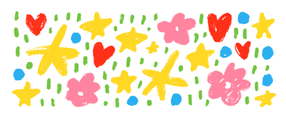 Fototapete Einhörner Abstract flowers, stars and hearts in childish colorful style. Hand drawn botanical elements.