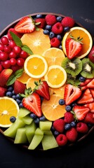 Naklejka na ściany i meble A plate of fruit with oranges, strawberries, kiwi and strawberries