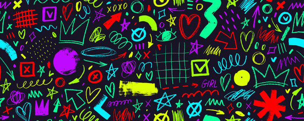 Seamless banner design with graffiti doodle punk and girly objects drawn with a brush and bright colored charcoal.