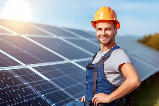 Smilling worker in front of solar panels