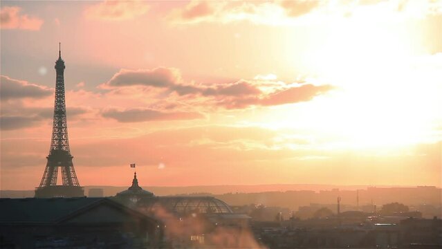 View of Paris at Sunset with Eiffel Tower from The Rooftop at the Galeries Lafayette, Paris, France. 