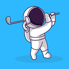 Little Cute Astronaut Kids Playing golf. Cartoon Logo Illustration Design. Isolated Premium Vector File, background is easy to edit. Can use for Icon, Logo, banner, flyer or any design project