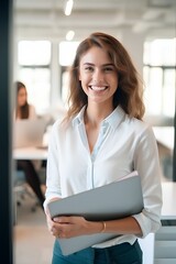 Smiling confident professional female company employee leader holding laptop, standing in office. generative AI