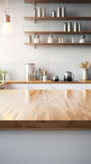 Fototapeta na wymiar Wooden table or countertop in a modern kitchen, with a focused foreground and a blurred background, ideal for product placement or renderings, accentuating the setting's ambiance.