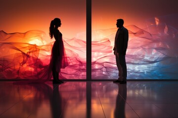 A man and a woman standing in front of a colorful wall, Valentines day concept image