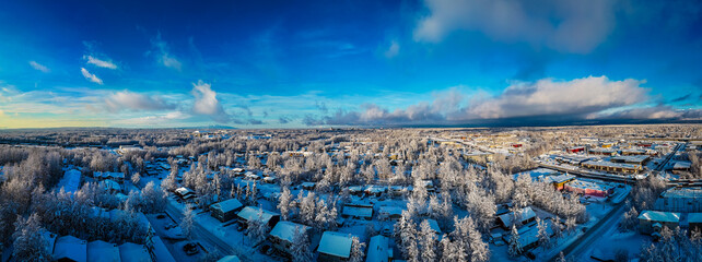 Panorama of Snowy city after large snowfall