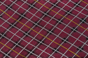silk necktie (fancy dress tie for suit, tuxedo) checkered pattern similar to tartan (plaid, checkers) close up macro shot (gift) red with yellow and black
