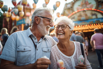 happy smiling senior couple at the amusement park