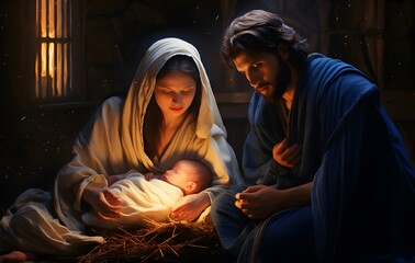 Scene of the birth of Jesus Christ, epiphany scene, Virgin Mary and Joseph. Christmas, miracle - obrazy, fototapety, plakaty