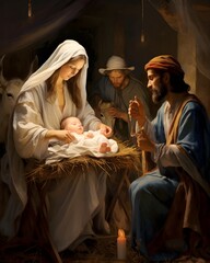 Obraz premium Scene of the birth of Jesus Christ, epiphany scene, Virgin Mary and Joseph. Christmas, miracle