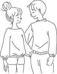 若い夫婦・カップルが微笑んでいる手描き白黒イラスト