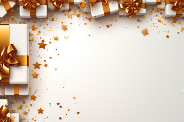 Christmas background with gift boxes and golden confetti. Vector illustration. 