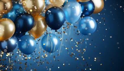 background with blue golden balloons and confetti on copy space background