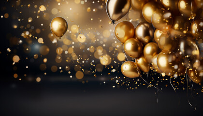background with blue golden balloons and confetti on copy space background