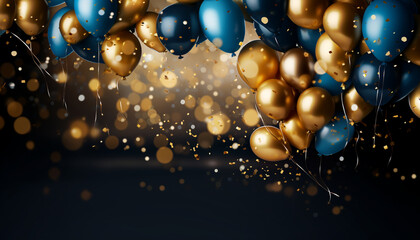 background with blue golden balloons and confetti on copy space background