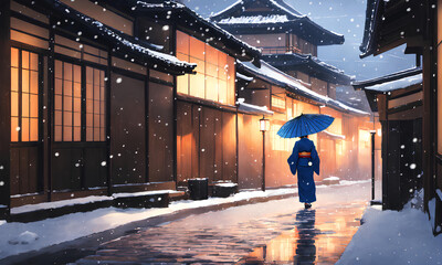 日本の京都の冬の美しい景色、絵画。 古い町並み。雪が積もった石畳に明かりが反射している｜Beautiful winter scenery of Kyoto, Japan, painting. Old townscape. Lights are reflected on the snow-covered cobblestones. Generative AI - obrazy, fototapety, plakaty