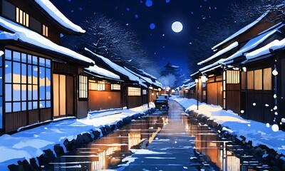Obraz premium 日本の京都の冬の美しい景色、絵画。 古い町並み。雪が積もった石畳に明かりが反射している｜Beautiful winter scenery of Kyoto, Japan, painting. Old townscape. Lights are reflected on the snow-covered cobblestones. Generative AI