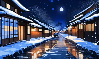 Rolgordijnen 日本の京都の冬の美しい景色、絵画。 古い町並み。雪が積もった石畳に明かりが反射している｜Beautiful winter scenery of Kyoto, Japan, painting. Old townscape. Lights are reflected on the snow-covered cobblestones. Generative AI © happy Wu 