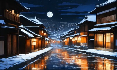 日本の京都の冬の美しい景色、絵画。 古い町並み。雪が積もった石畳に明かりが反射している｜Beautiful winter scenery of Kyoto, Japan, painting. Old townscape. Lights are reflected on the snow-covered cobblestones. Generative AI - obrazy, fototapety, plakaty