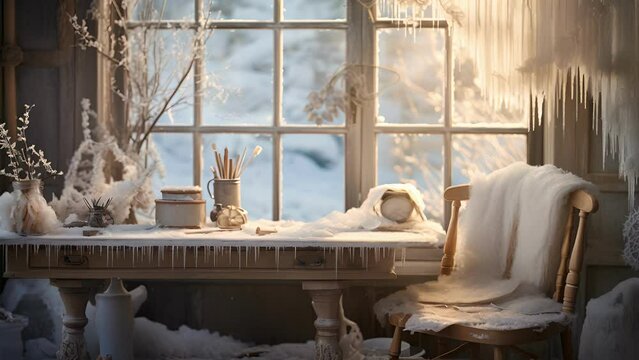 The soft light of a winter morning fills a cozy attic workspace through a frostcovered window pane. Delicate icicles fringe the edges, casting intricate patterns on a vintage wooden desk.