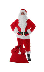 Man in Santa Claus costume with bag posing on white background