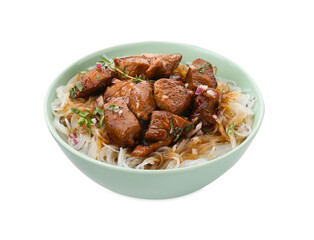 Bowl with pieces of soy sauce chicken and noodle isolated on white