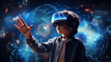 Child boy wearing virtual reality headset and looking at digital space system with planets or Universes. Space exploration with augmented reality glasses. She is sitting on flor at childroom.