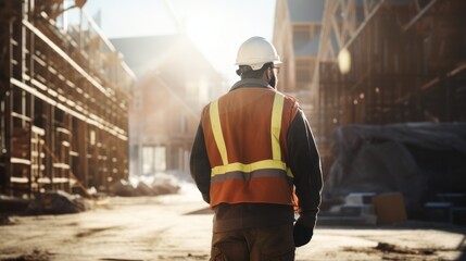 Confident Head Civil Engineer-Architect in is Standing Outside with His Back to Camera in a Construction Site on a Bright Day. Man is Wearing a Hard Hat, Shirt and a Safety Vest.
