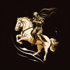 Obraz na płótnie Canvas Knight riding horse symbol, logo design, in the style of gold and white on black background,