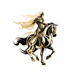 Knight riding horse symbol, logo design, in the style of gold and black on white background,