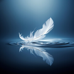 A white feather floating on a blue water