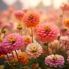 Poster Orange zinnias blooming in the field, in the style of soft and dreamy pastels © alex