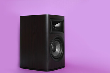 One wooden sound speaker on violet background. Space for text