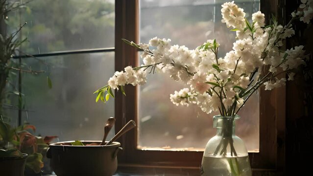A moody spring atmosphere with a gentle rain shower outside, melting the snow on the ground. The soft, diffused light coming through the window creates a serene and contemplative ambiance.