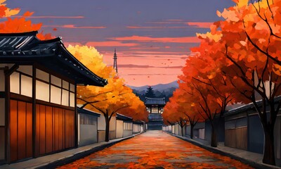 Fototapeta premium 日本の京都の秋の美しい景色、絵画。 古い町並み。紅葉イラスト｜Beautiful autumn scenery of Kyoto, Japan, painting. Old townscape. Autumn leaves illustration. Generative AI