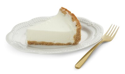 Plate with piece of tasty vegan tofu cheesecake and fork isolated on white