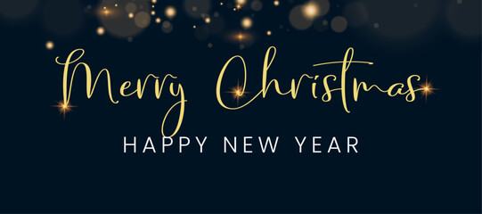 Merry Christmas and Happy New Year website header or banner design decorated with lettering on night sky with gold fireworks. Suitable for web online store, shop promo offer and media social. - obrazy, fototapety, plakaty